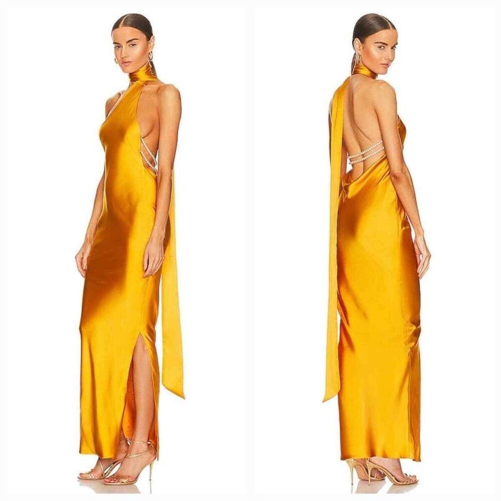 NWT x REVOLVE Kara Pearl Trim Maxi Dress in Yellow Khanums Size S $354